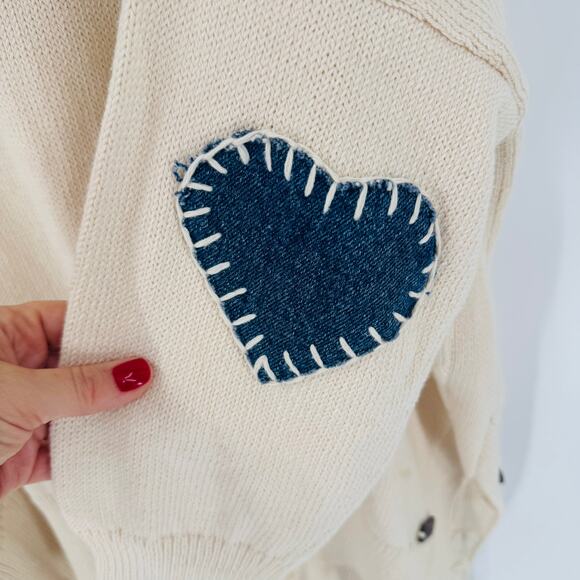 Shannon Passero Cream Knit Sweater L Denim Heart Elbow Patches Oversized Tunic - Picture 4 of 8